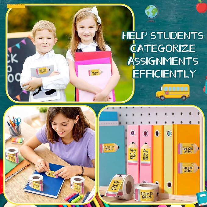 600 Pcs Take Home Return to School Labels,Pencil | 3 Rolls Thermal Printed, Student Homework Folder Stickers, Keep at Home Label, Classroom Office Organization