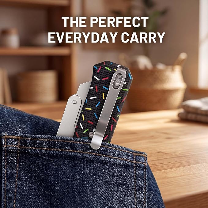 Folding Utility Knife, Pocket Knife, Box cutter Knife with Pocket & Rail Lock, Durable Razor Knife for Home Office Warehouse Everyday Carry, Gift for Men Women（Black Donuts）