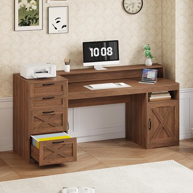 63" Farmhouse Computer Desk with 4 Drawers for Home Office, Bedroom | Executive Desk with Printer Shelf, Monitor Stand, Home Office Desks with Power Outlets, Storage Shelves, Brown
