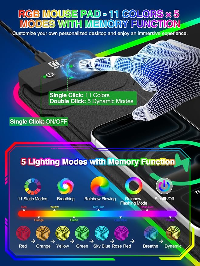 RGB Mouse Pad with Foldable Phone Stand & Wireless Charger, 31.5"x11.8" XL Gaming Mousepad Large Desk Mat, Desk Pad with Dual Charging for Phone & AirPods | 11 Colors & 5 Modes | Waterproof