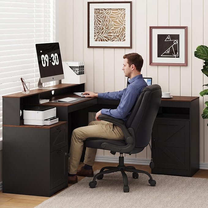 MALOL 63" Farmhouse L Shaped Executive Desk, Corner Computer Desk with Drawers & Storage Shelf, Home Office Desk with Power Outlet, Monitor Stand, Wood Grain Desktop, Black & Rustic Brown