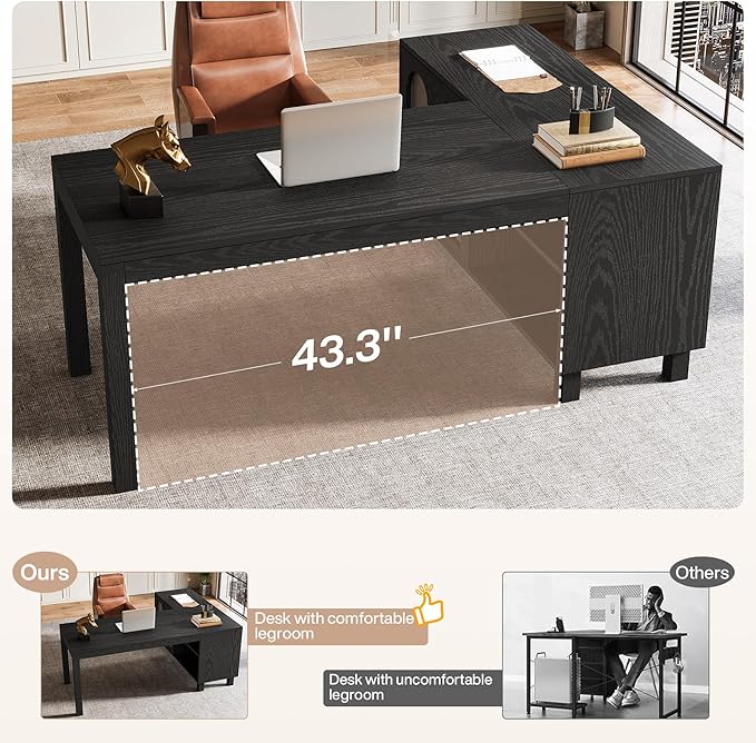 Tribesigns L-Shaped Desk with File Cabinet, 59-Inch Executive Office Desk with Storage Shelves, Wooden Study Writing Desk Farmhouse Corner Computer Desk for Home Office, Black