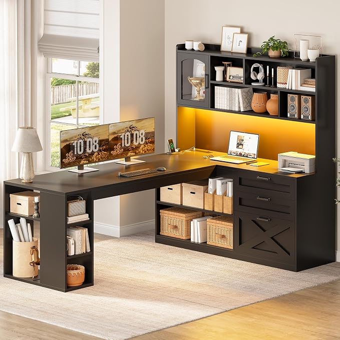 SEDETA 61" Farmhouse L Shaped Gaming Desk with Drawers, Bookshelf Storage | Computer Desk with Storage Shelves and Power Outlet, Corner Gaming Desk with LED Light and Display Cabinet for Home Office