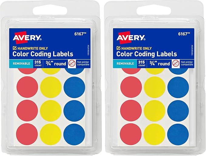 Avery Color-Coding Removable Labels, 3/4 Inch Round Labels, Assorted Colors, Non-Printable, Dot Stickers Total (6167),315 Count (Pack of 2)