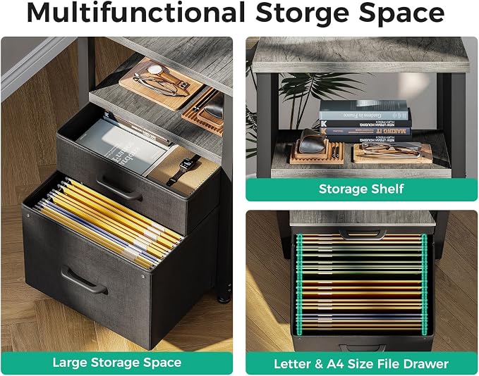 Coleshome 55 Inch L Shaped Office Desk with 6 Drawers, Power Outlet, Grey | 5 Fabric Drawers, File Drawer, USB and Type-C Ports, Open Storage Shelf, Reversible Layout for Home Office
