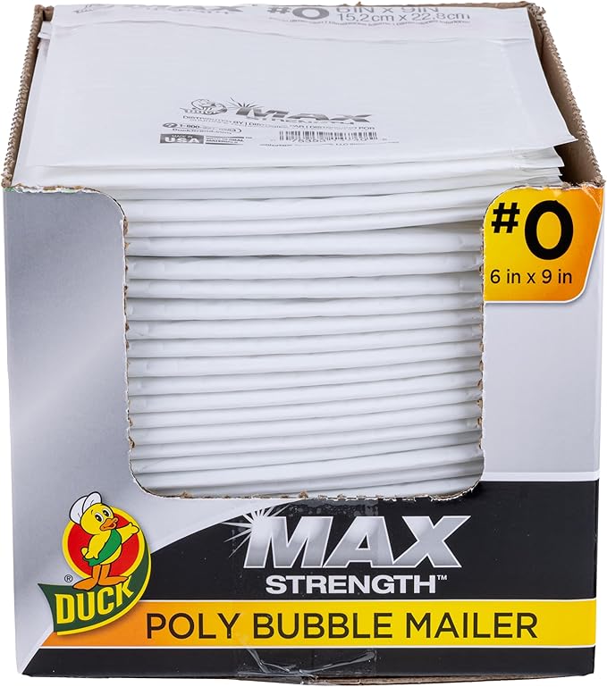 Duck Max #0 Poly Bubble Mailer, White, 6 inch x 9 inch, 25 Pack