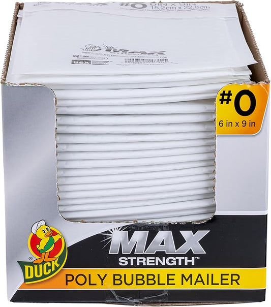 Duck Max #0 Poly Bubble Mailer, White, 6 inch x 9 inch, 25 Pack