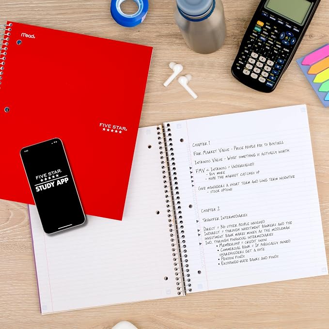 Five Star Spiral Notebook + Study App, 5 Subject, College Ruled Paper, 8-1/2" x 11", 200 Sheets, Fights Ink Bleed, Water Resistant Cover, Fire Red (72077)