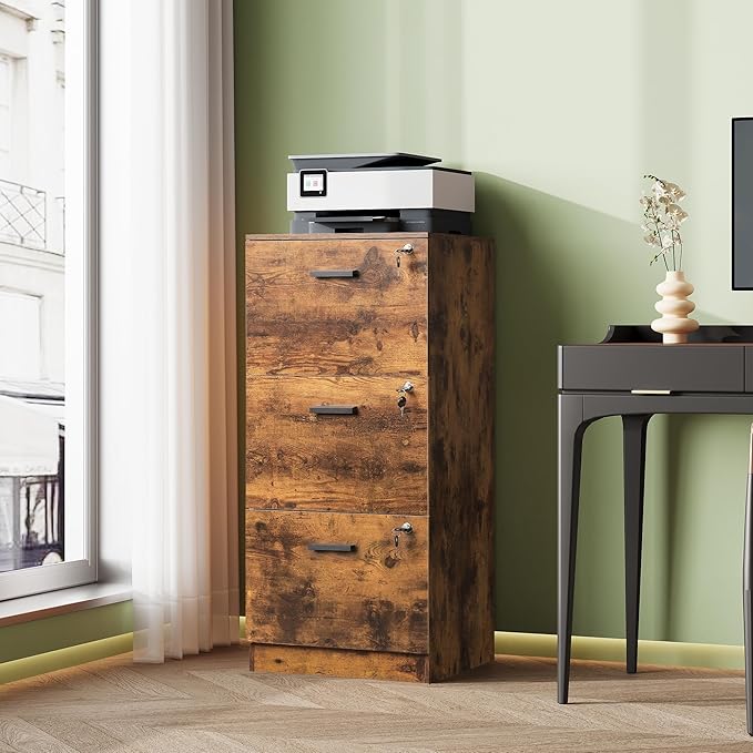 DEVAISE 3 Drawer Wood File Cabinet for Home Office, Fits Letter and A4 Size | Wooden Filing Cabinet with Lock, Vertical File Storage Cabinet, Easy Assembly, Rustic Brown