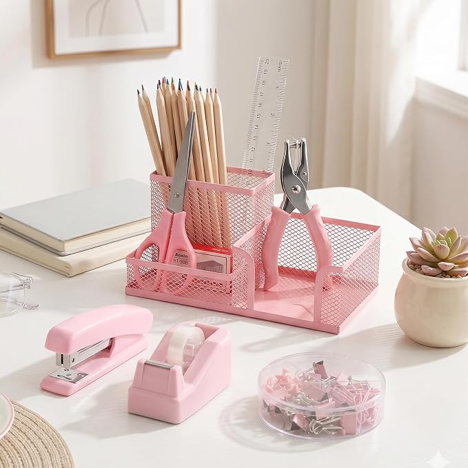 Pink Office Desk Accessories, 9 Pcs Desk Organizers and Accessories with Mesh Pen Holder, Stapler, Tape Dispenser, Hole Punch, Office Supplies Set for Office Home School Women Students Gift