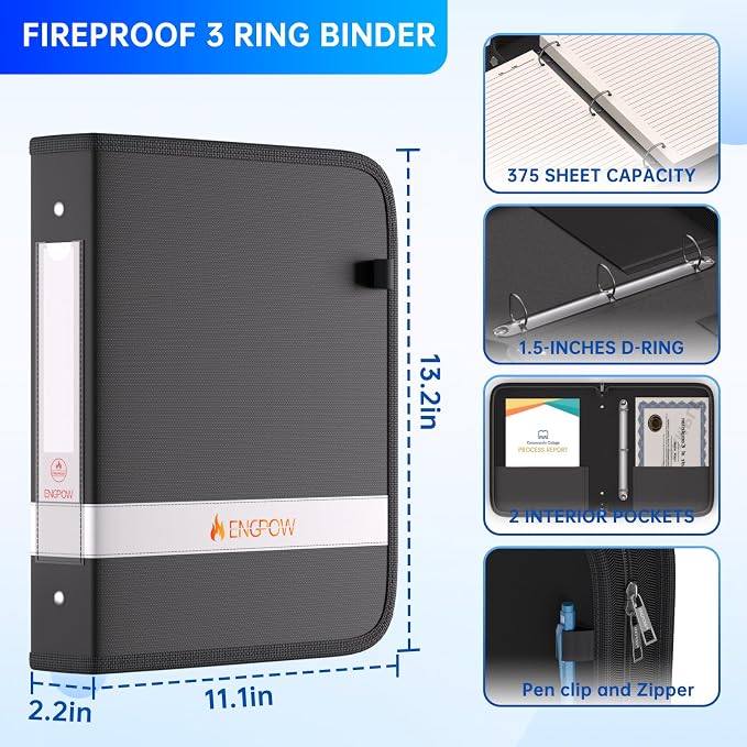 ENGPOW 3 Ring Binder,Fireproof 1.5 Inch D Ring Binder with Zipper,Holds 375 Sheets,Non-Stick,PVC-Free,Compatible with Clear Sheet Protectors,Portable School Office Home Safe Storage for Paper,Black