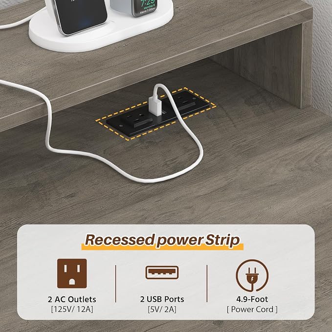 63" Farmhouse L Shaped Desk with Drawers & Storage Shelves for Home Office | Corner Desk with Power Outlets & LED Lights, L-Shaped Office Desks with File Drawer, Printer Shelf, Monitor Stand, Grey