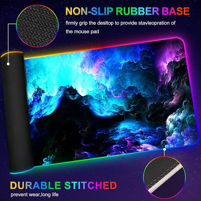 RGB Gaming Mouse Pad Large, Extended LED Mouse Mat XXL 35.4x15.7 inch, 14 Lighting Modes, 2 Brightness, Non-Slip Rubber Base Mousepad Waterproof Keyboard Mat,Fantasy Nebula Sky