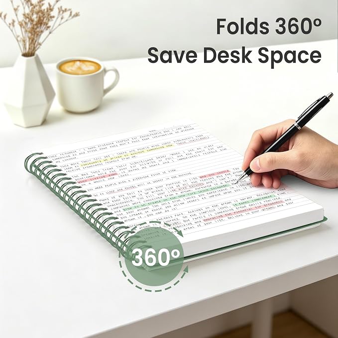 EMSHOI Lined Spiral Journal Notebook, 300 Pages, A4 Size (8.2'' x 11.2'') | College Ruled, 100 GSM Thick Paper, Flexible Plastic Cover, for School, Writing, Work, Office & Journaling (Dark Green)