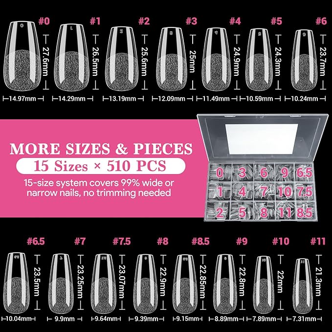 Medium Coffin False Nail Tips, 15 Sizes 510 PCS Clear Soft Press On Fake Nail Pre-shaped Half Matte Full Cover Gel Nail Tip Extensions Strong Thick Long Lasting for DIY Beginners & Salon Manicure