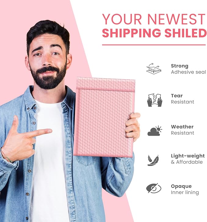 Light Pink Bubble Mailers 9.5x14.5, Poly Padded Envelopes #4, 100 Pack | Fits Books & Magazines, Self-Seal Closure, Cushioned Protection, Water-Resistant Poly, Bulk Pack