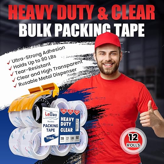 Heavy Duty Packing Tape with Dispenser, Strong HD Clear Packaging Tape, 12 Rolls 1.88 in. x 60 yd. x 2.7MiL, Secure Sealing for Cardboard Moving Boxes Shipping Supplies