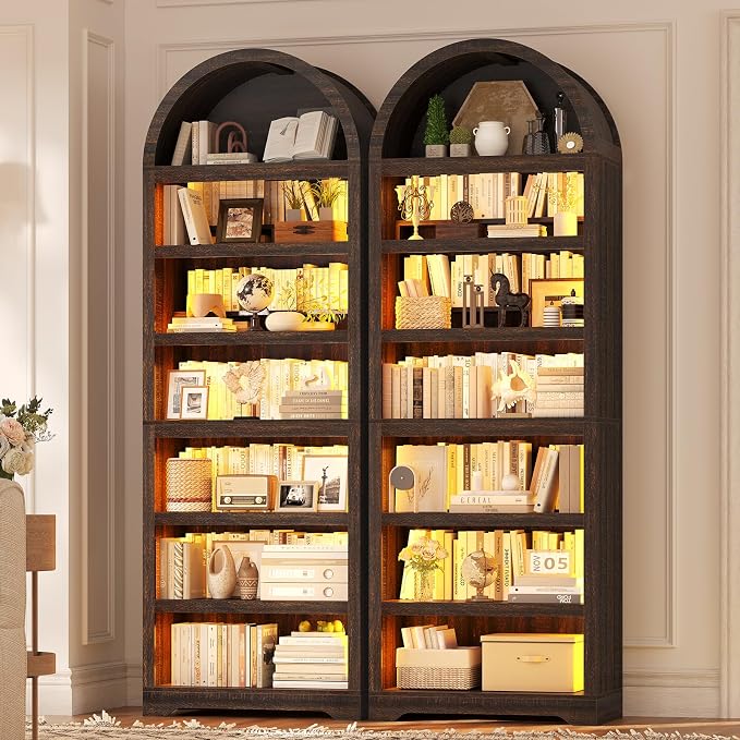 79.4"Tall Arched Cabinet,Bookcase with storage,Mid-Century Modern 7-Tier Bookshelf with RGB Light,2 Book Risers,Adjustable Shelf offering more space for Living Room,Kitchen,Home Office(Walnut)