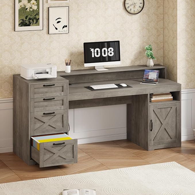 63" Farmhouse Computer Desk with 4 Drawers for Home Office, Bedroom | Executive Desk with Printer Shelf, Monitor Stand, Home Office Desks with Power Outlets, Storage Shelves, Grey