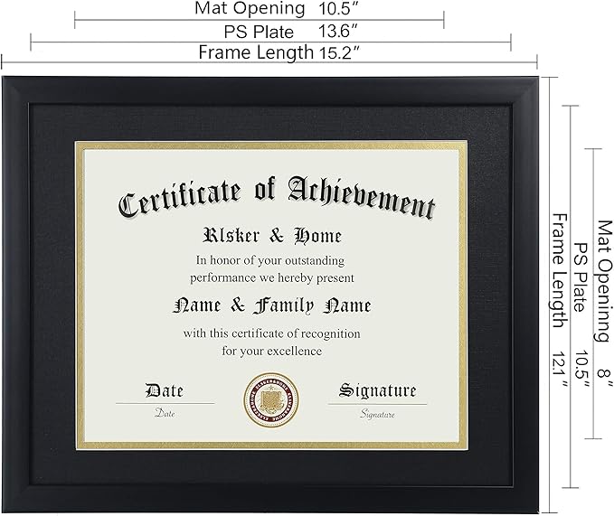 ELSKER&HOME 8.5x11 Certificate Frame - Classic Black Color Frame - Displays Diploma 8.5x11 Inch with Mat - 11x14 Inch Without Mat - For Document/Photo(2 Pack, Matte Black with Gold Rim)