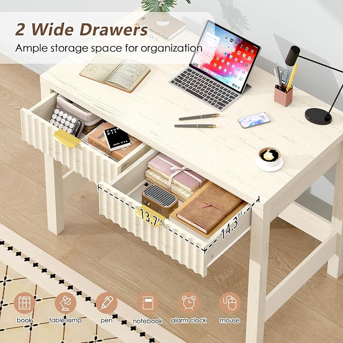 32 Inch Small Fluted Computer Desk with 2 Drawers for Bedroom, Home Office | Small Computer Desk with Storage for Bedroom, Compact Writing Study Desk for Small Spaces, White