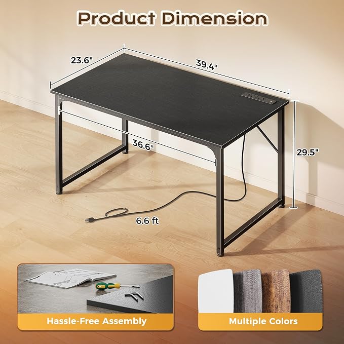 40 X 24 Inch Deeper Desk with Power Outlets | Small Computer Desk for Bedroom, Office Desk for Work from Home, Writing Study Gaming Table, Stable Metal Frame, Black
