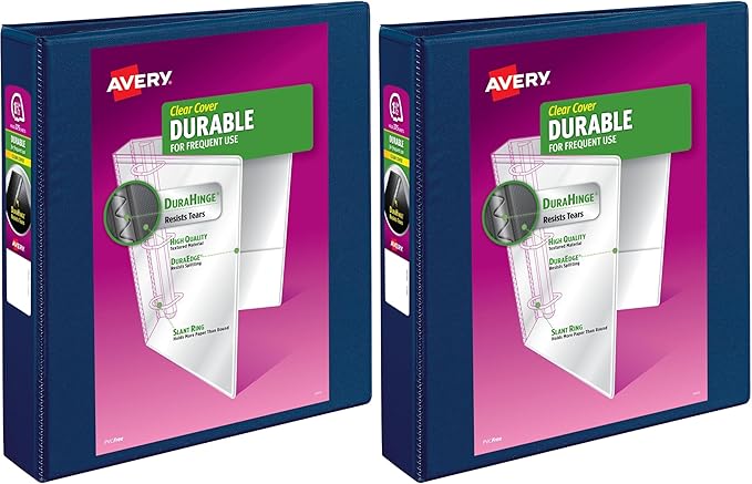 Avery(R) Durable View 3 Ring Binder, 1-1/2 Inch Slant Rings, 1 Blue Binder (17024) (Pack of 2)