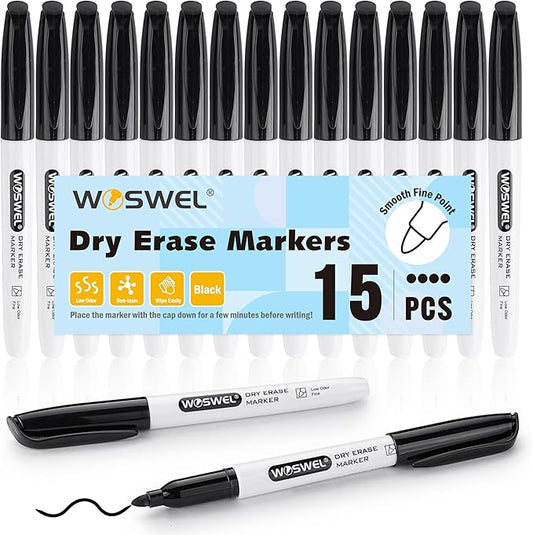 Dry Erase Markers Bulk, 15 Pack Black Fine Tip Whiteboard Markers, Fine Point, Low Odor Dry Erase Markers for School Office Home, Non-Toxic Easy Clean