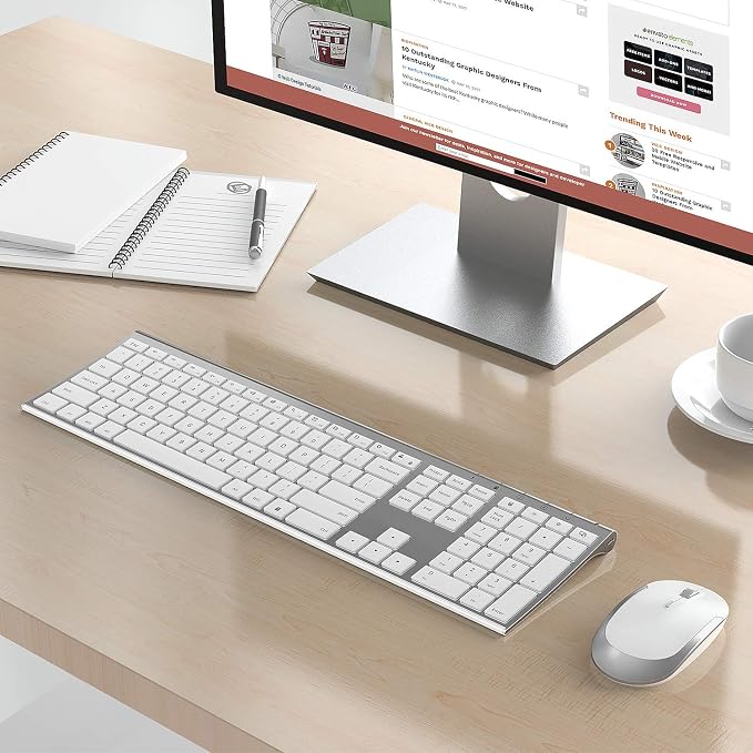 Vssoplor Wireless Keyboard and Mouse, Rechargeable Ultra Slim, White Silver | Quiet Full-Size Keyboard and Mouse Combo Set, for Laptop, PC, Notebook, Desktop, 2.4GHz Stable Connection, Ideal for Office