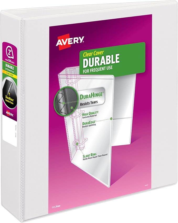 Avery Durable View 3 Ring Binder, 2" Slant Ring, 1 White Binder | For Daily School, Home and Office Use, DuraHinge Tear-Resistant Spine, DuraEdge Split-Resistant Sides, Clear Cover Overlays