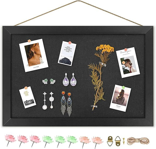 AKTOP Black Cork Board with Linen 16.7" X 11", Small Framed Bulletin Board for Wall, Hanging Pin Board Picture Board for Home Office Decor, Cute Vision Board with 8 Pushpins