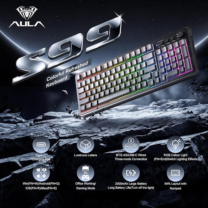 AULA Keyboard Gaming Wireless Creamy Computer Keyboards with Number Pad | Side-printed Light Transmission Letters Keyboard,99 Keys,RGB Backlit,Tri-Mode BT/2.4GHz/USB-C Connection,Gradient Grey