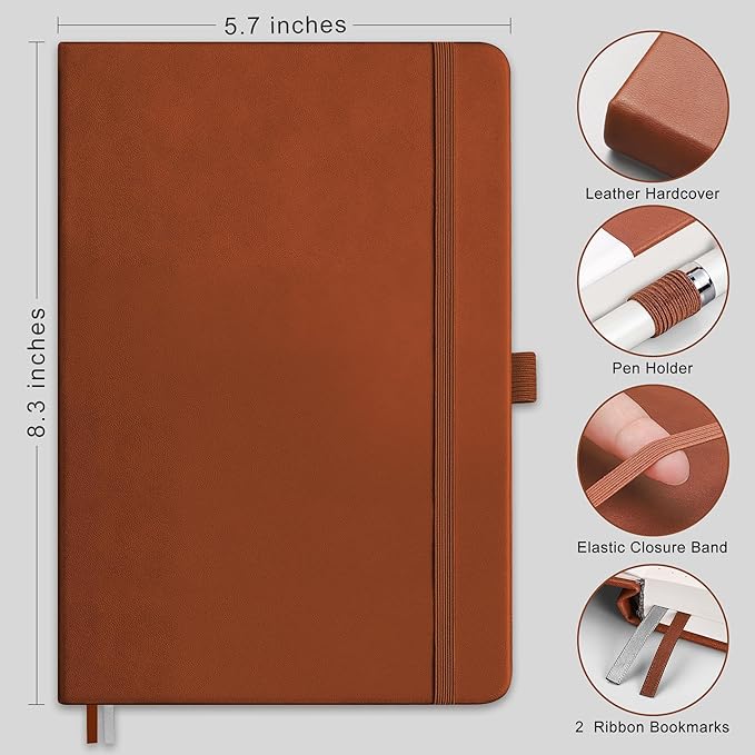RETTACY Dotted Journal Notebook, 2-Pack, 160 Numbered Pages per Pack, A5 Medium Size (5.7'' x 8.3''), 120 GSM Thick Paper, Leather Hardcover, for Journaling, Planning, Tracking (Black & Brown)