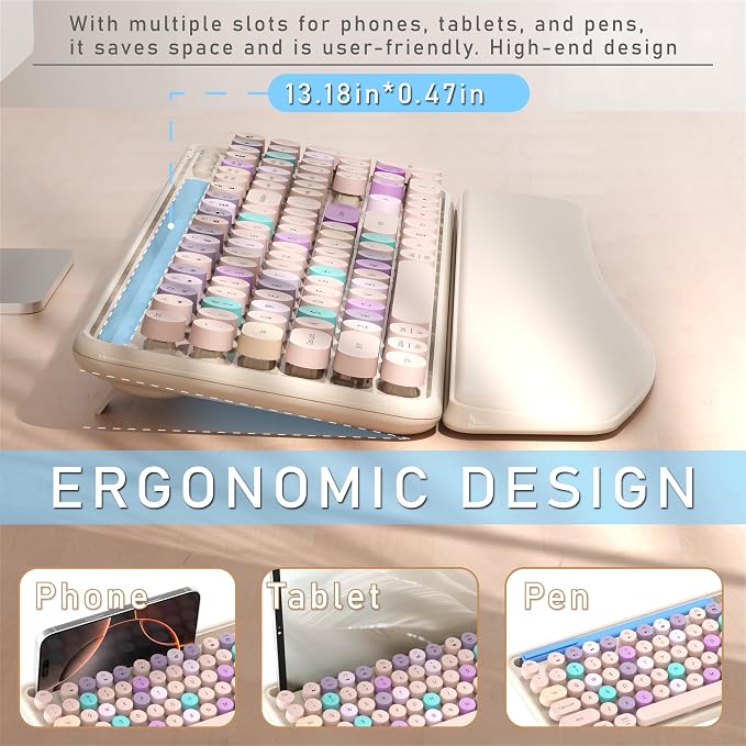 Wireless Keyboard and Mouse Combo with Phone Holder (Khaki) | MPTOG Colorful Typewriter Keys with Wrist Rest, , 2.4GHz Wireless, Full-Sized Optical Mouse for PC and Laptop
