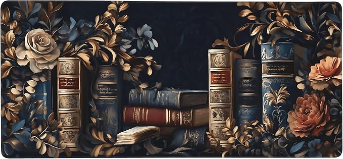 Floral Aesthetic Book Gaming Mouse Pad, Black Gold Baroque Desk Mat with Anti-Slip Base & Stitched Edges, Computer Keyboard & Laptop Pad, 35.4" x 15.7" in in Workstation Accessories