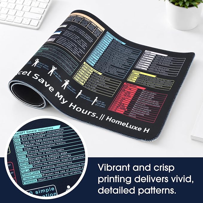 Excel Cheat Sheet Desk Pad-Big Mouse Pad(31.5in×11.8in×0.1in) | Desk Mat for Microsoft Excel Shortcuts | Office Desk Accessories | Non-Slip Stitched Edge