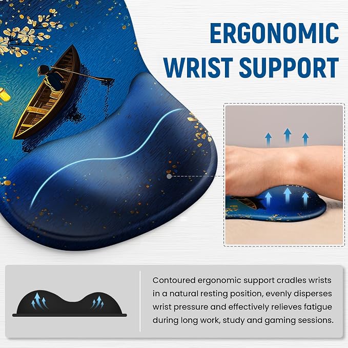 Ergonomic Mouse Pad with Wrist Rest, Gel Wrist Support, MoonRide | 10.2 x 7.6 in Mouse Pad with Smooth Fabric Surface and Non-Slip Rubber Base for Office, Home, Study, and Gaming
