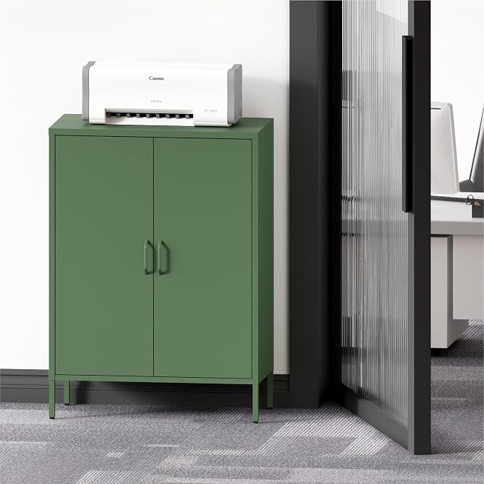 Washsemba Metal Storage Cabinet with Doors and Shelves,Multipurpose Storage Rack, 3-Tier Shelf,Metal Locker Style Accent Cabinet for Home Office,Living Room,Kitchen (Forest Green, 40''H)