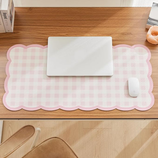 Ohocut Scalloped Gingham Checkered Desk Pad，Pink：31.5" x 15.7" | Large, Premium Faux Leather, Anti-slip Bottom, Water Repellent, Easy to Clean, Aesthetic Trendy Design