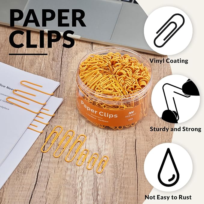 NEEWAY 450pcs Paper Clips Assorted Sizes, Small and Large Paper Clips (1.1 inch, 2 inch), Coated Paperclips for Office School Document Organizing (Orange)