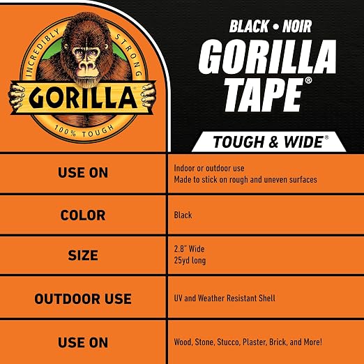 Gorilla Tape Tough & Wide,Black Tape,2.88" x 25 yd - Heavy Duty and Weather Resistant for Indoor or Outdoor,(Pack of 4)