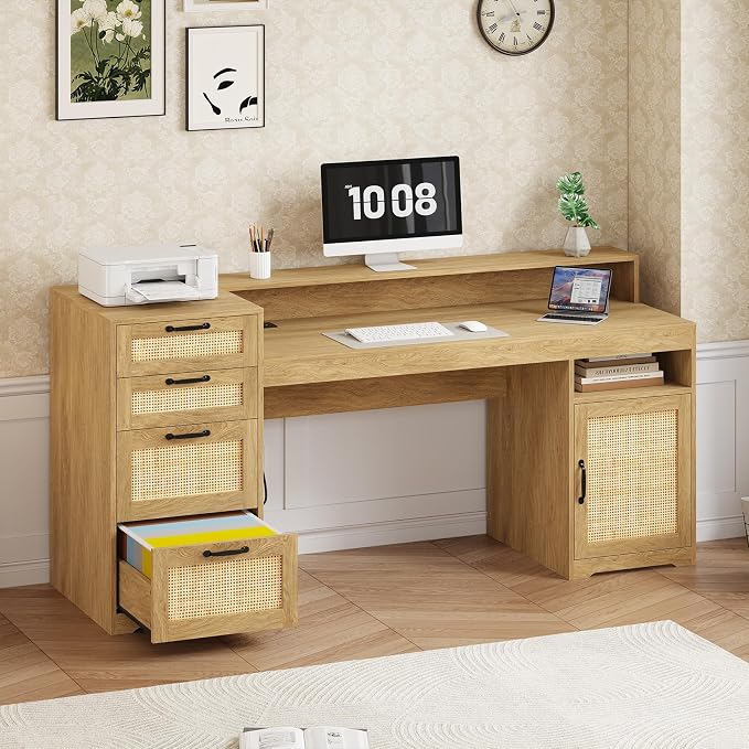 63" Rattan Computer Desk with 4 Drawers for Home Office, Bedroom | Executive Desk with Printer Stand, Monitor Stand, Home Office Desks with Power Outlets, Storage Shelves, Oak, Boho Desk