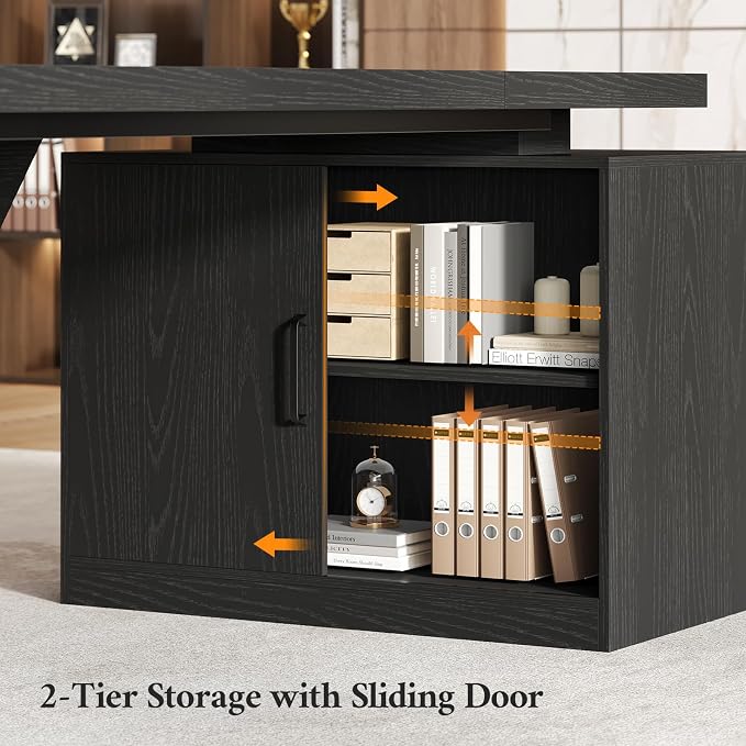 70.9" L Shaped Executive Desk with Power Outlets, Home Office Desk with Movable File Cabinet & Drawer, Modern Corner Computer Desks with Large Storage Cabinet, Black Business Furniture