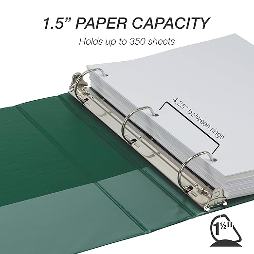 Samsill Durable 1.5 Inch Binder, D Ring Binder, Customizable Clear View Cover, Forest Green, Holds 350 Pages