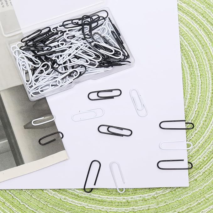 100 Pcs Black and White Paper Clips, 1.1 Inch (28mm) Colorful Paperclips | Vinyl Coated, Colored Paper Clips, Rust Proof, for Office, School, DIY, Bookmarks and Document Organization