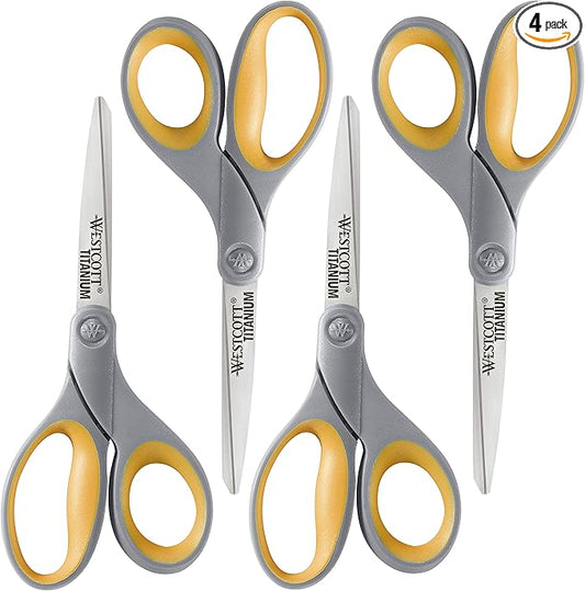 Westcott 8-Inch Titanium Bonded Scissors for Home, Office, and Classroom - Perfect for Cutting Paper, Sewing, and Crafts - Heavy-Duty Design with Soft Handle - Gray/Yellow - 4-Pack
