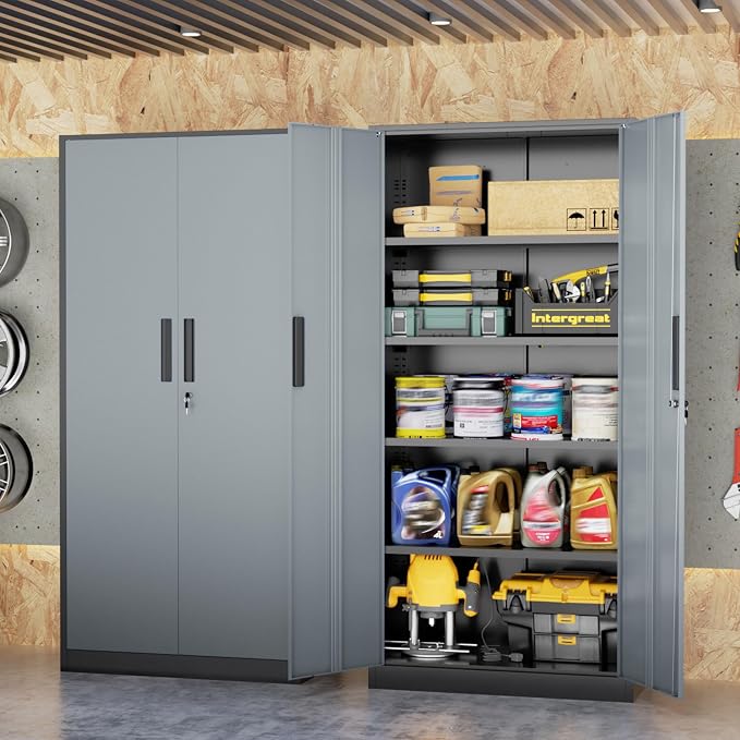 Metal Storage Cabinet, 72" Locking Steel Cabinets with 2 Door and 4 Adjustable Shelves, Tall Metal Cabinet for Home Office, Garage, Warehouse,(Black+Grey)