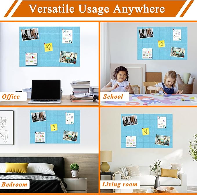 Large Square Felt Cork Board Tiles, Self Adhesive DIY Felt Bulletin Board Pin Board with 35 Pushpins for Office School Home Wall Decor Stickers Memos Photos Display (Sky Blue)