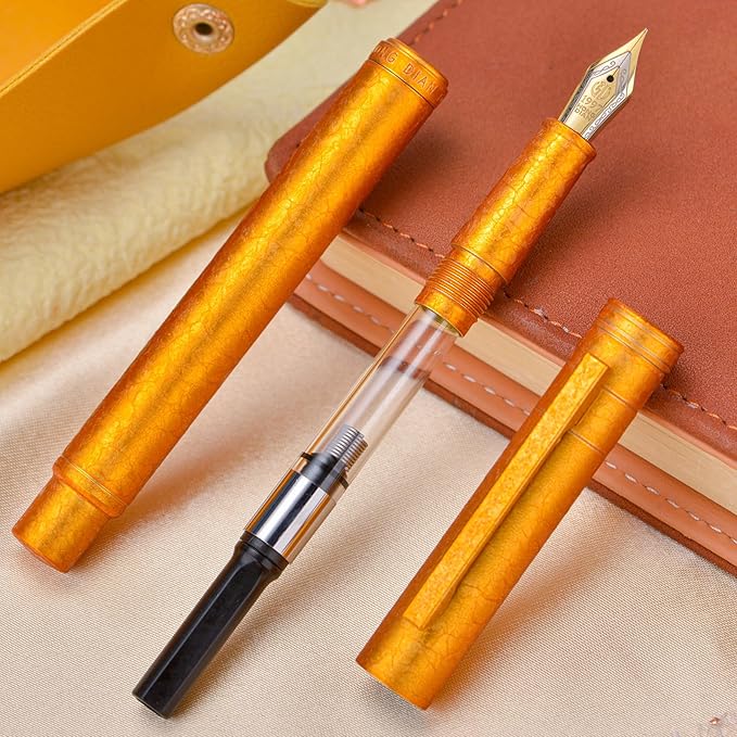 Hongdian 1851 Forest Fountain Pen Golden Ice Flowers, Bent Nib Classic Design with Converter and Metal Pen Case