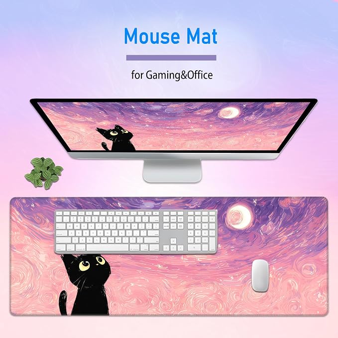 Starry Night Cat Desk Mat,Pink Cute Large Gaming Mouse Pad,31.5x12in | Dreamy Anime Kawaii Extended Mousepad,XL Washable Desk Decor Keyboard Mat,Stitched Edges Mousemat for Women,80x30 cm